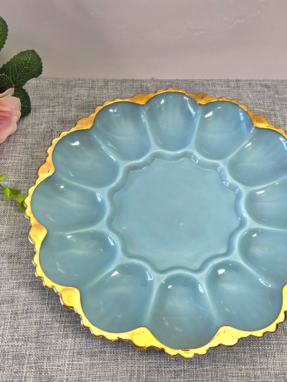 Vtg Fire-King Delphite Blue Milk Glass Deviled Egg Platter 22k Gold Trim 1950s
